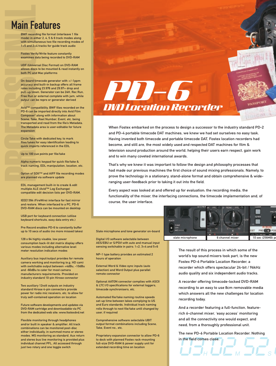 Professional, Pd-6, Main features | Dvd location recorder | Fostex PD-6/DV40 User Manual | Page 4 / 8