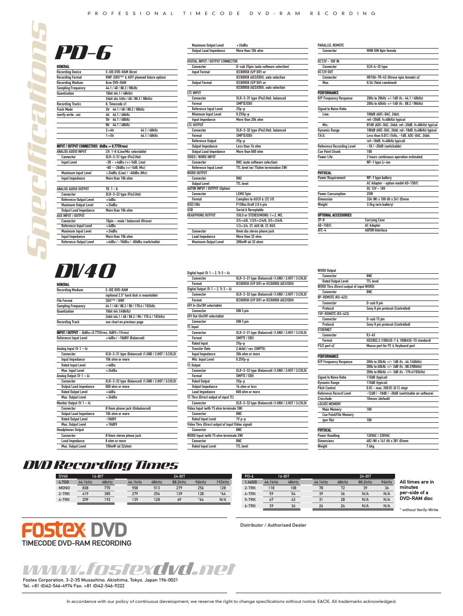 Specifications, Pd-6, Dv40 | Dvd recording times, Timecode dvd-ram recording | Fostex PD-6/DV40 User Manual | Page 8 / 8