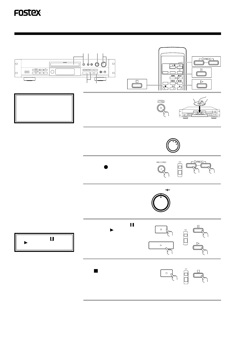 Analog-source recording, Set the input selector to analog, Press the record (rec ) button(s) | Fostex CR300 User Manual | Page 22 / 48