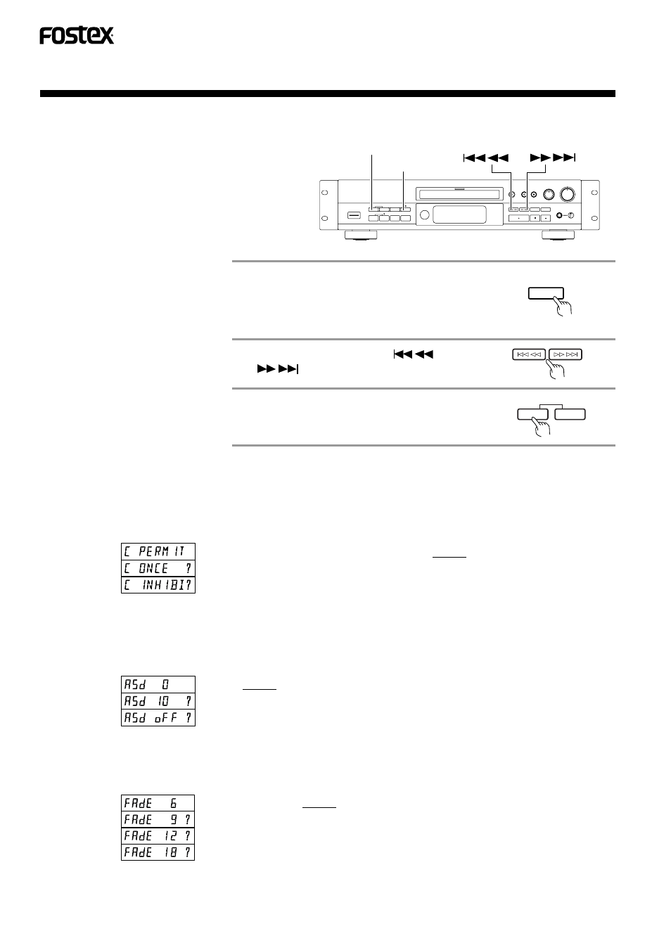 Menu button functions, Menu set, A. copy bit setting | B. auto stop delay time setting in digital synchro, C. fade in / fade out time setting | Fostex CR300 User Manual | Page 24 / 48