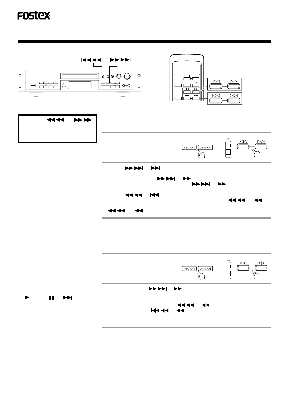Playback, Searching an adjacent track (track search), Searching the desired point (manual search) | Press and hold the manual search button, Press the track search button | Fostex CR300 User Manual | Page 36 / 48