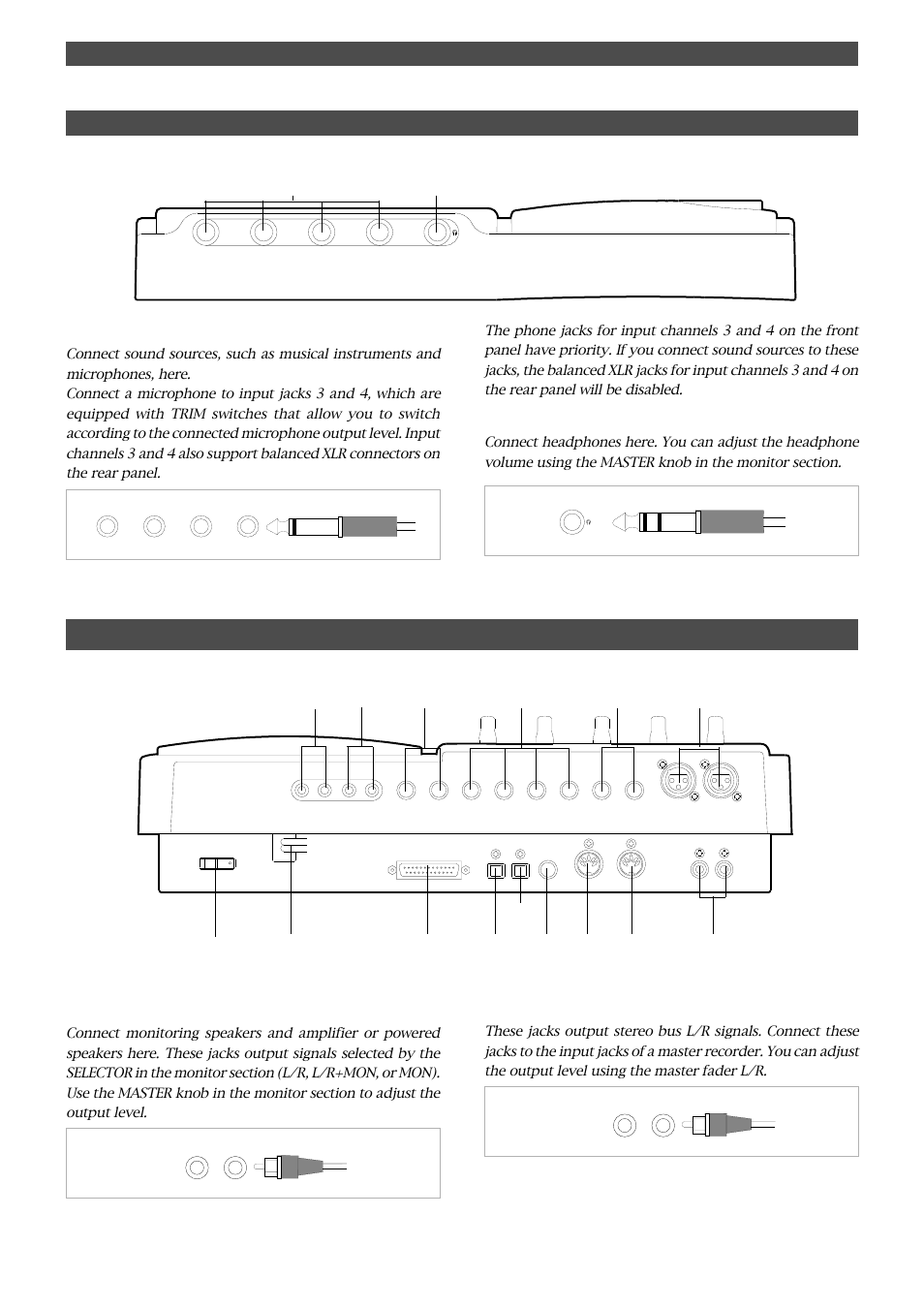 Names and functions, Input jacks [1, 2, 3, 4, Headphone jack [phones | Monitor out jacks [mon out l, r, Stereo out jacks [st. out l, r | Fostex FD-4 User Manual | Page 18 / 100