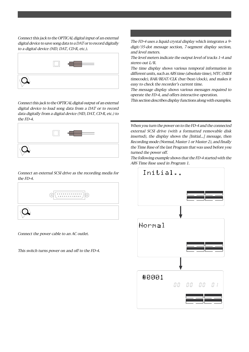 Display when the power is turned on, Names and functions, Data output jack [data out | Data input jack [data in, Scsi connector [scsi, Power cable, Power switch [power, Connector: optical), Connector: d-sub 25-pin) | Fostex FD-4 User Manual | Page 20 / 100