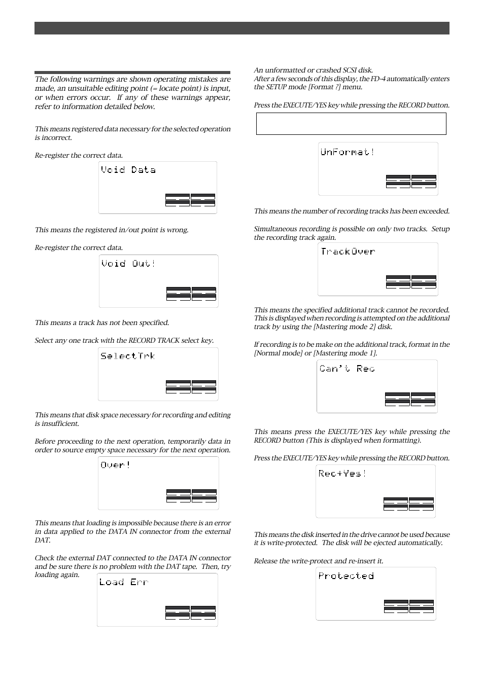 Warning messages, Names and functions, Void data> message | Action to take, Void out> message, Track unselected> message, Over> message, Load err > message, Unformat !> message, Track over> message | Fostex FD-4 User Manual | Page 23 / 100