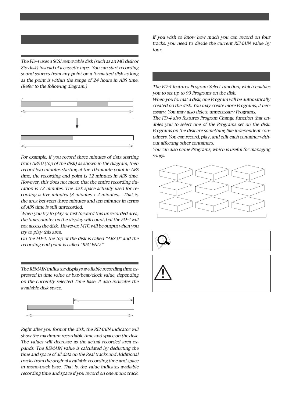 Recording method and remain indicator, Recording method, Remain indicator | Managing songs by program change function, Before starting | Fostex FD-4 User Manual | Page 25 / 100