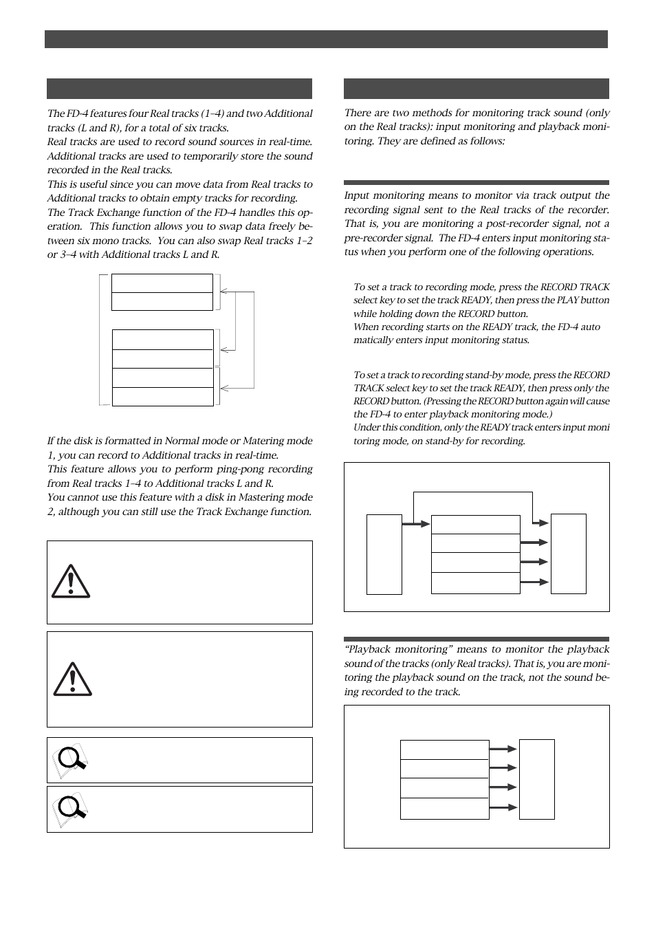 Real track and additional track, Input monitoring and playback monitoring, Input monitoring | Playback monitoring | Fostex FD-4 User Manual | Page 26 / 100