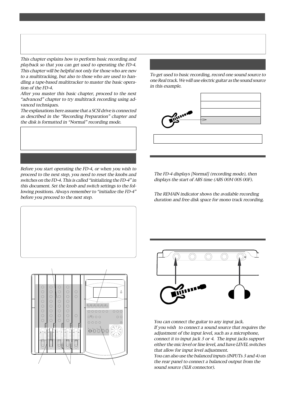Basic recording and playback, Recording one sound source to one track, Fd-4 initial settings | Setting the disk | Fostex FD-4 User Manual | Page 28 / 100