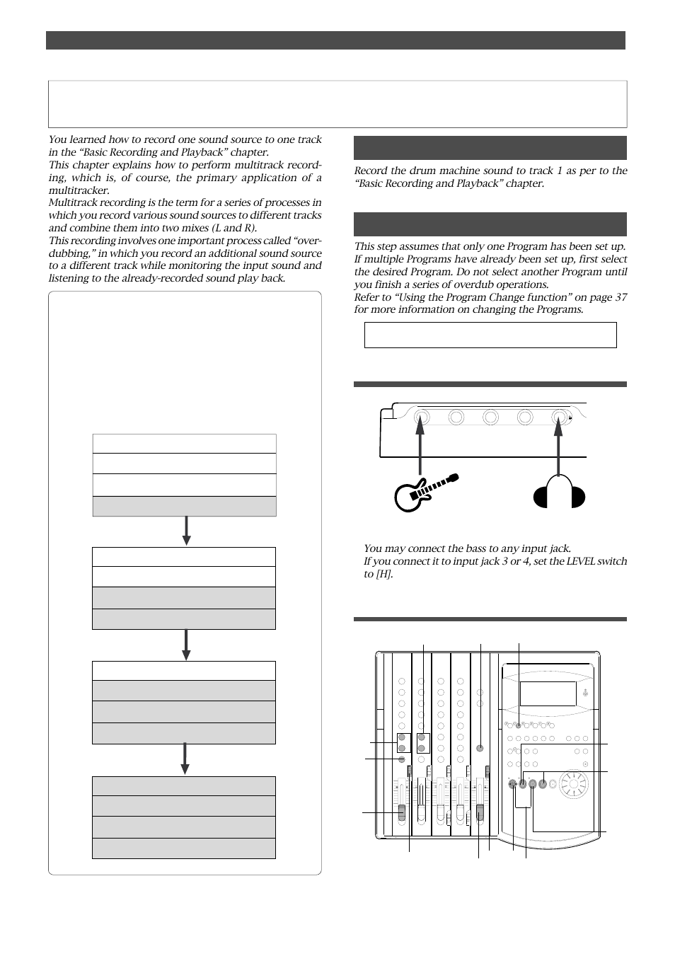 Basic multitrack recording, Recording a drum machine to track 1, Overdubbing the bass to track 2 | Connecting a sound source, Setting the switch and knob 5 | Fostex FD-4 User Manual | Page 32 / 100