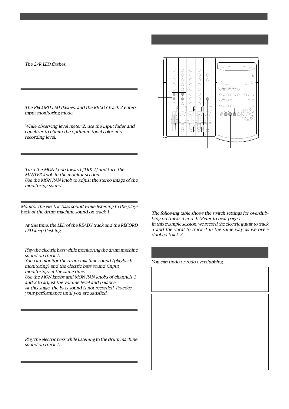 Listening to the overdubbed sound, Undo/redo overdubbing, Adjusting the recording level | Monitoring the electric bass sound, Practicing overdubbing, Starting overdubbing, Quitting overdubbing | Fostex FD-4 User Manual | Page 33 / 100