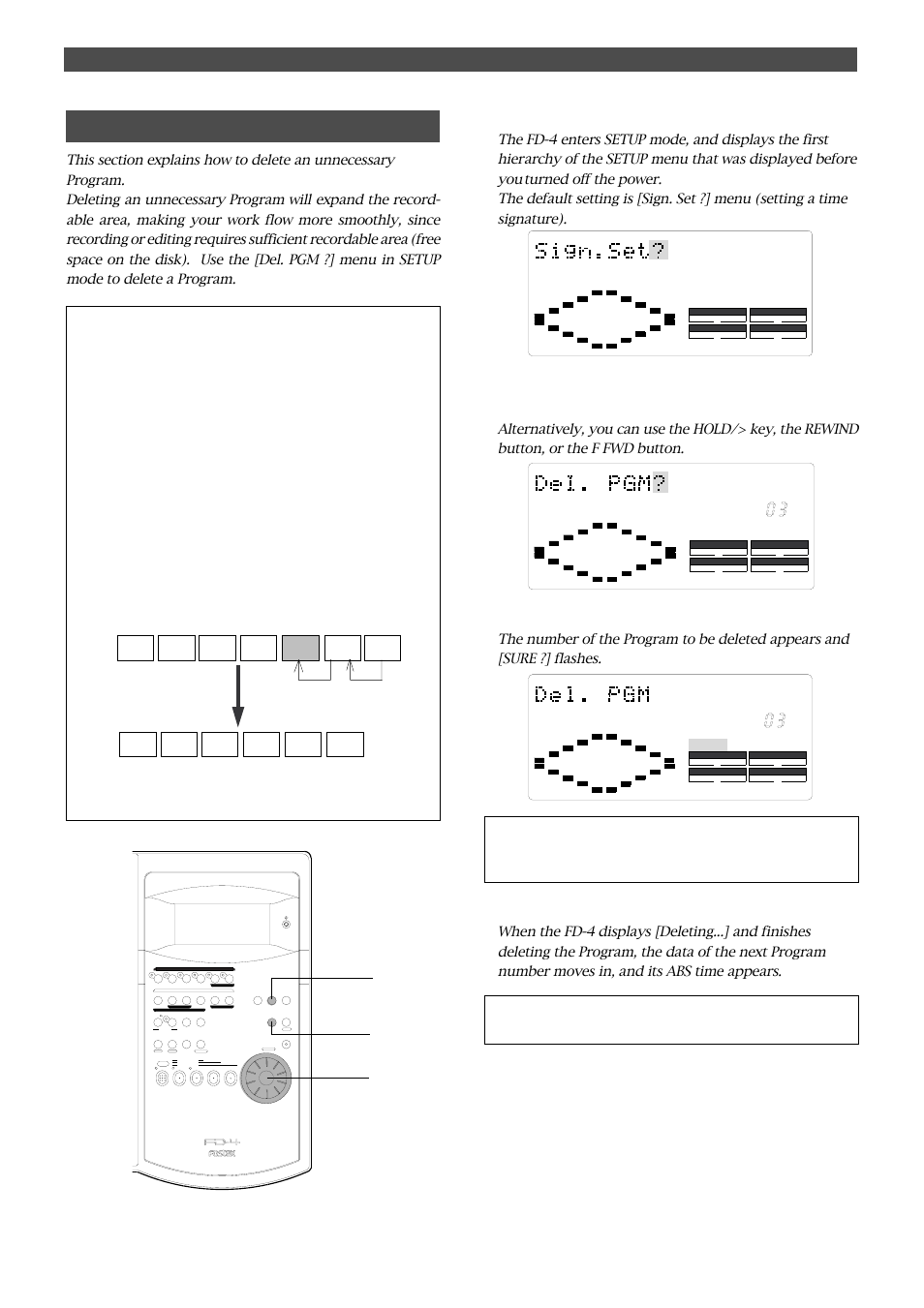 Deleting a program, Handling programs, Press the setup key while the fd-4 is stopped | Press the execute/yes key, Press the execute/yes key again | Fostex FD-4 User Manual | Page 38 / 100