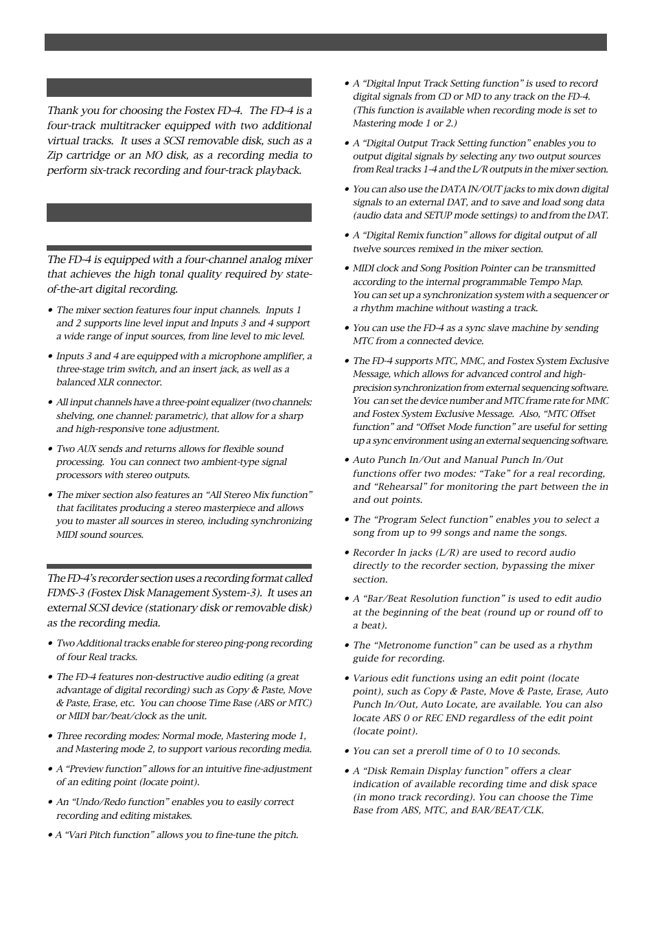 Introduction, Main features | Fostex FD-4 User Manual | Page 4 / 100