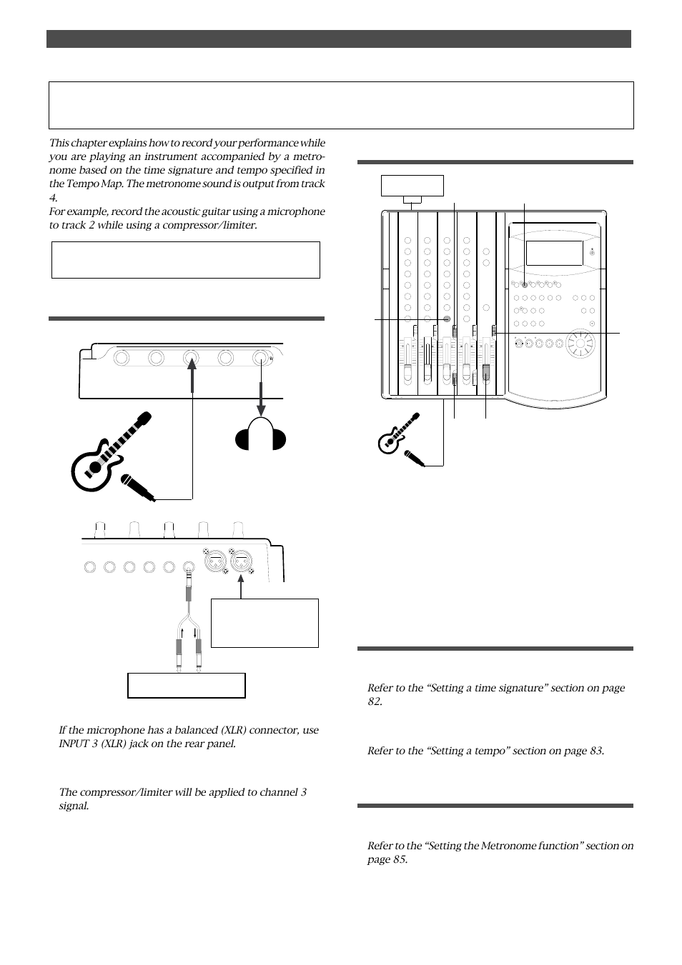 Recording to a metronome sound, Connecting a sound source and a effect unit, Setting the switch and knob | Creating a tempo map, Turning the metronome function on | Fostex FD-4 User Manual | Page 41 / 100