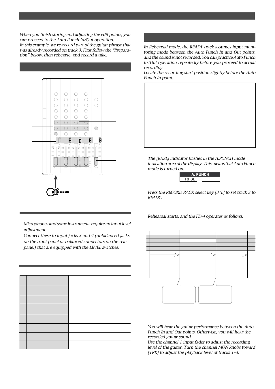 Preparation, Rehearsing auto punch in/out recording, Connecting the instrument | Fostex FD-4 User Manual | Page 44 / 100
