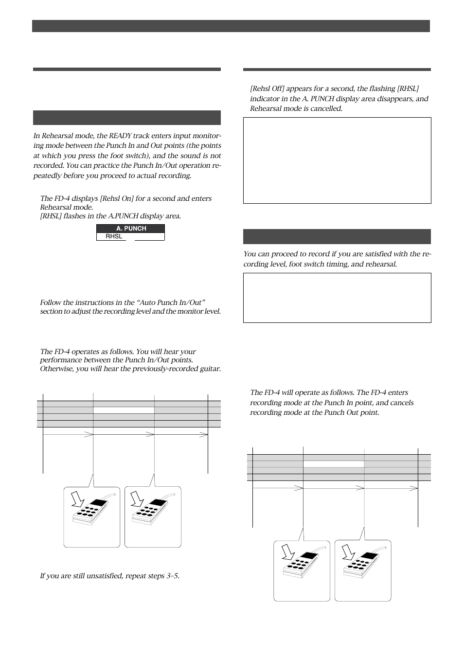 Rehearsing punch in/out recording, Manual punch in/out take, Cancelling rehearsal mode | Special application (punch in/out recording), Hint | Fostex FD-4 User Manual | Page 47 / 100