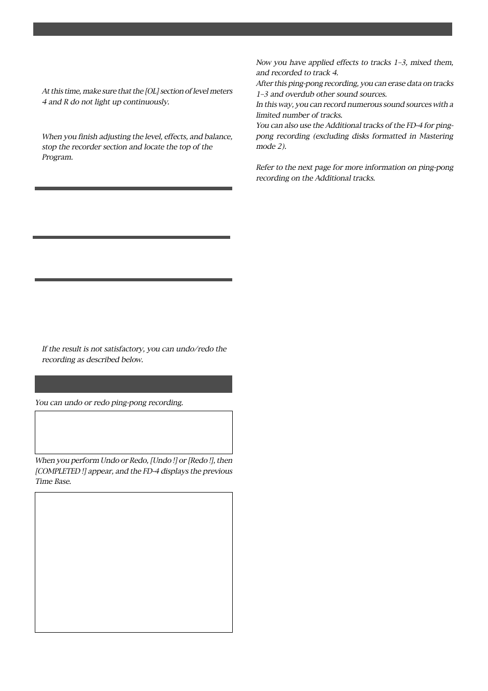 Undo/redo ping-pong recording, Performing ping-pong recording, Quitting ping-pong recording | Checking the ping-pong recording results | Fostex FD-4 User Manual | Page 50 / 100