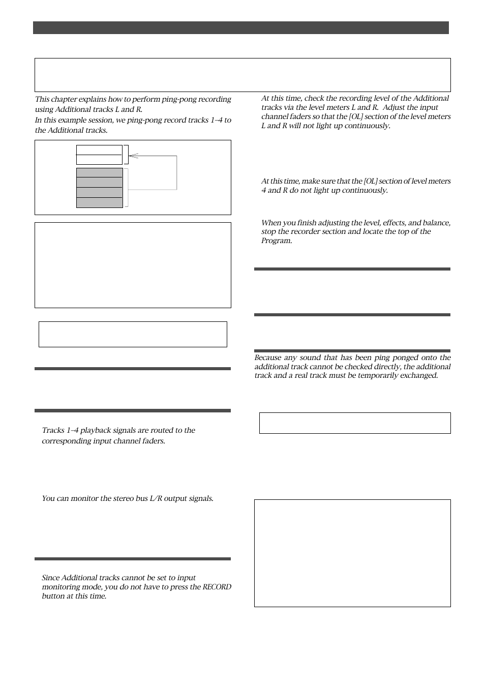 Ping-pong recording to additional tracks, Performing ping-pong recording, Quitting ping-pong recording | Checking the result of ping-pong recording, Connecting effect units, Setting the switch and knob, Adjusting the recording level/rehearsal | Fostex FD-4 User Manual | Page 51 / 100