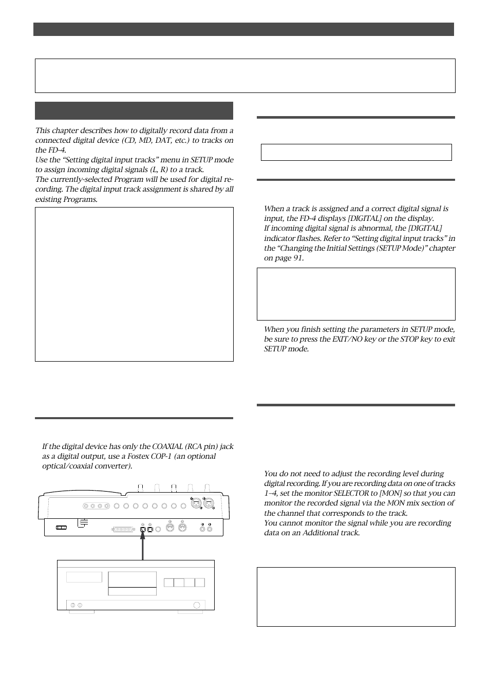 Digital recording, Digital recording from an external digital device, Selecting a program to record | Setting a recording track, Connecting an external digital device, Starting and quitting recording, Special application (digital recording), Caution | Fostex FD-4 User Manual | Page 52 / 100