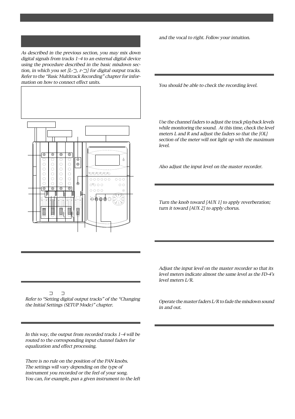 Digital mixdown, Connecting an external digital device, Assigning output tracks | Setting the switch and knob on the fd-4, Setting the output level and the master recorder, Settings for the effect units, Mixdown, Quitting mixdown | Fostex FD-4 User Manual | Page 54 / 100