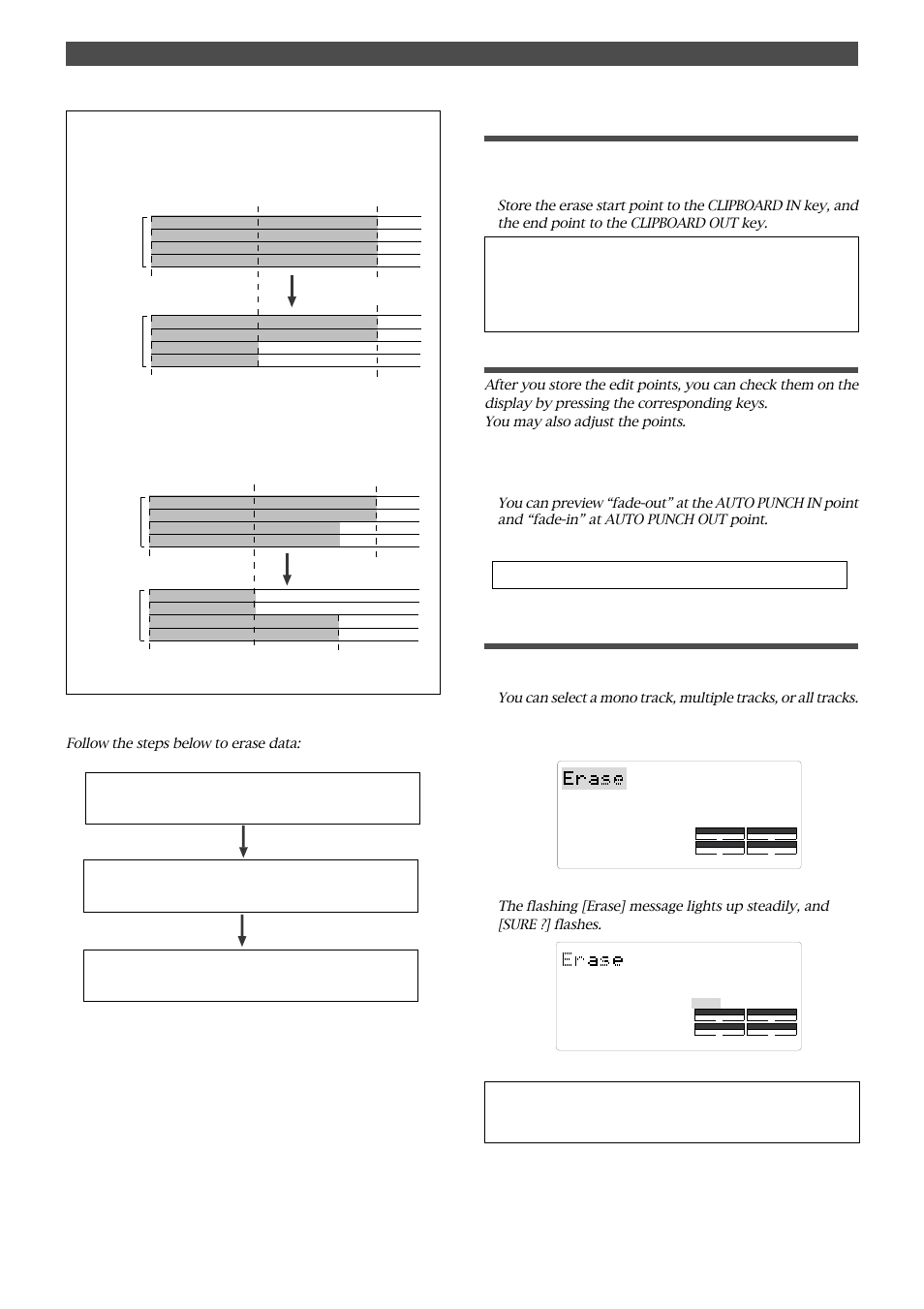 Storing the edit points, Checking and adjusting the edit points, Executing erase | Editing tracks, Trim the edit point while previewing | Fostex FD-4 User Manual | Page 59 / 100