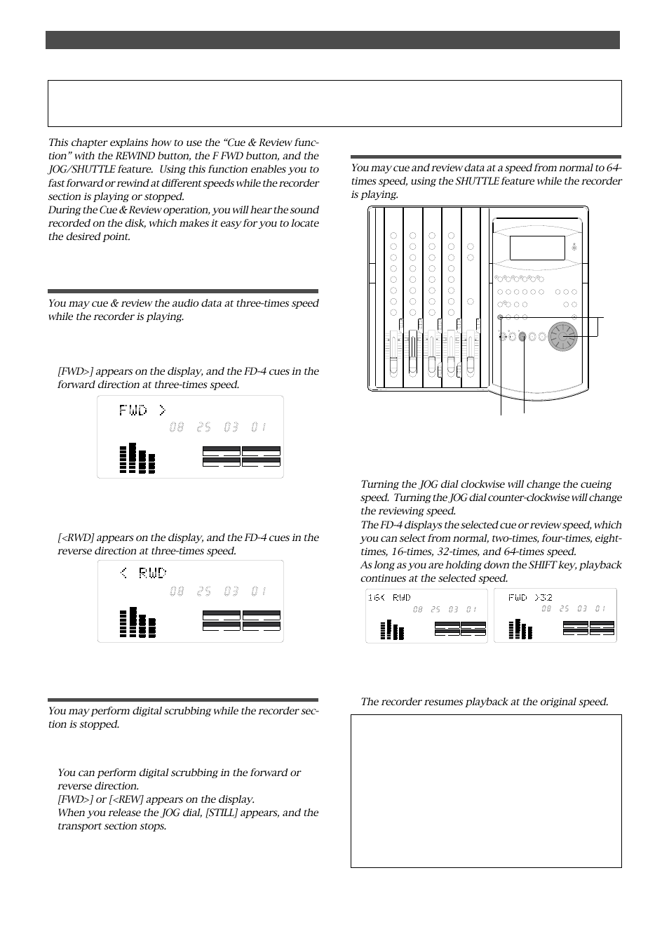 Cue & review function using the shuttle feature, Digital scrubbing using the jog dial, Cue & review function | Fostex FD-4 User Manual | Page 62 / 100