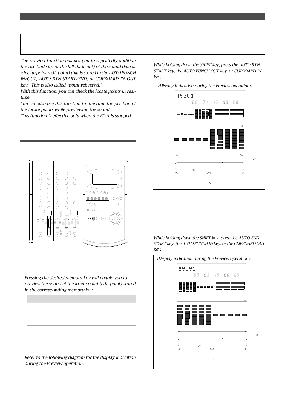 Executing the preview function, Preview function, Previewing the rise of the sound (fade in) | Previewing the fall of the sound (fade out) | Fostex FD-4 User Manual | Page 69 / 100