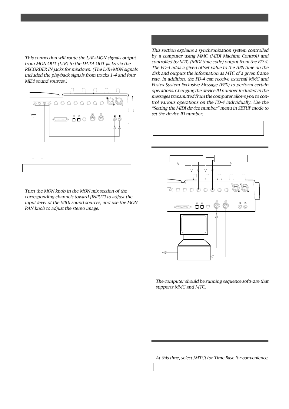 Mtc sync/machine control system, Connecting an external device, Setting midi sync out | Midi synchronization, See page 92 for more information | Fostex FD-4 User Manual | Page 72 / 100