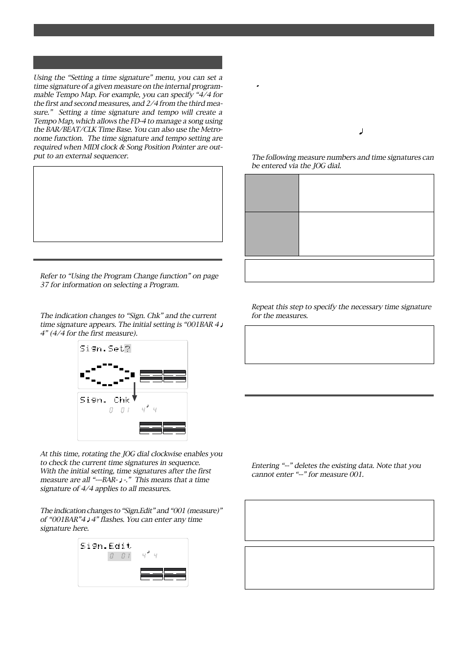 Setting a time signature, Storing a time signature, Modifying (or deleting) stored time signatures | Changing the initial setting (setup mode), Caution | Fostex FD-4 User Manual | Page 82 / 100