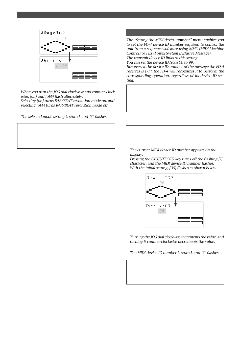 Setting the midi device number, Setting the midi device id, Changing the initial setting (setup mode) | Use the jog dial to turn the mode on or off, Press the execute/yes key | Fostex FD-4 User Manual | Page 93 / 100