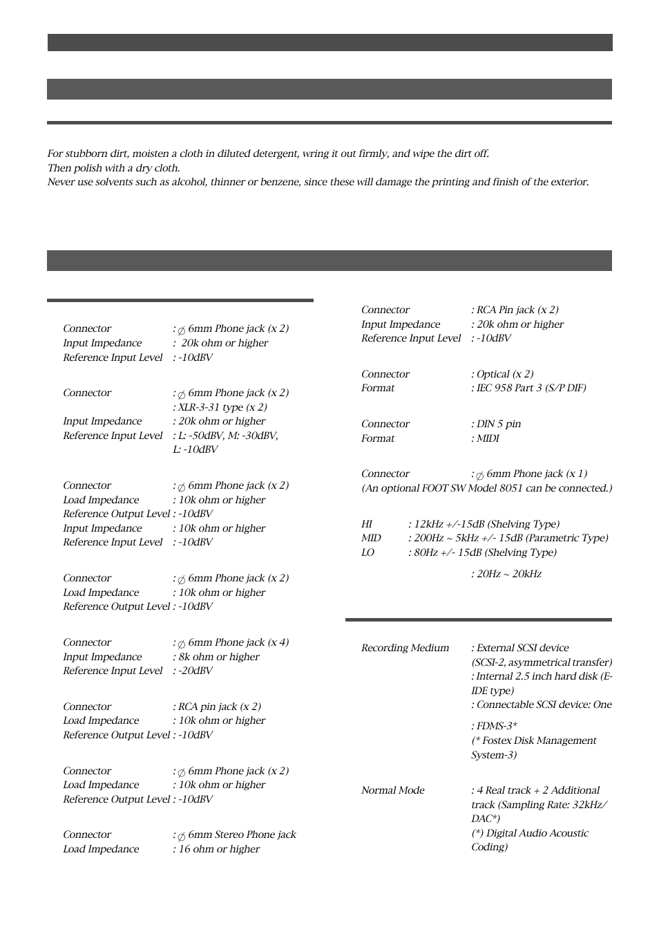 Maintenance specifications, Cleaning the exterior, For normal cleaning, use a soft dry cloth | Fostex FD-4 User Manual | Page 96 / 100
