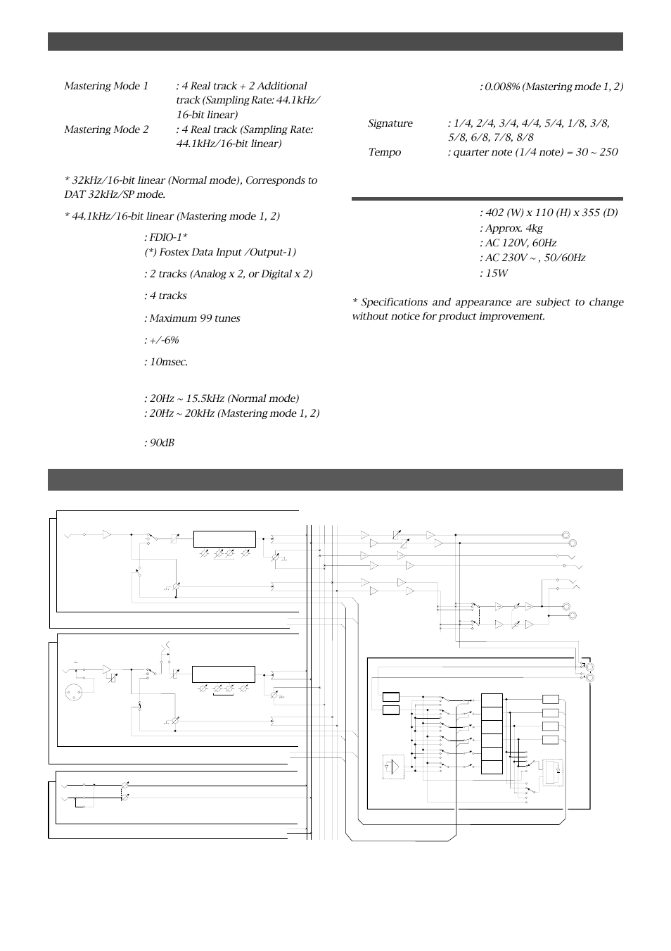 Block diagram, General, Digital input/output | Save/load, Recording track, Playback track, Program no, Vari pitch, Crossfade, Recording/reproducing frequency | Fostex FD-4 User Manual | Page 97 / 100