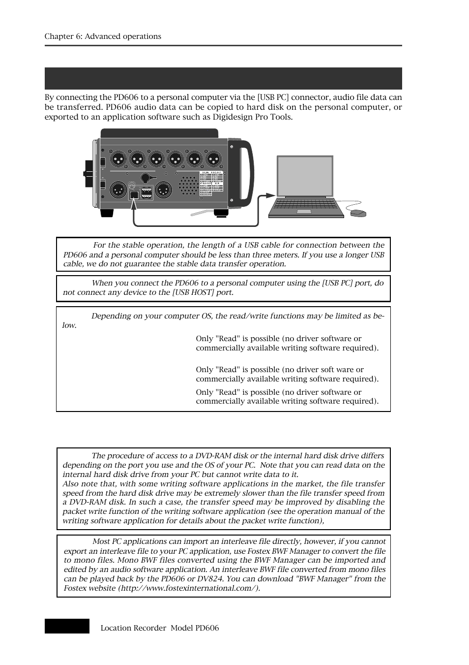 Data export to pc, Usb pc] connector | Fostex PD606 User Manual | Page 118 / 226