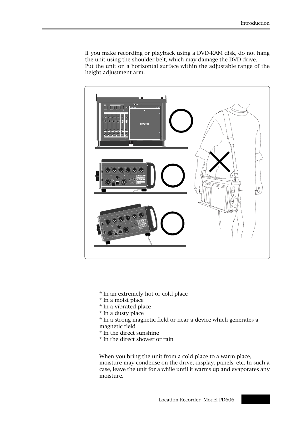Precautions on installation, Cautions for use, Location recorder model pd606 introduction | Fostex PD606 User Manual | Page 13 / 226