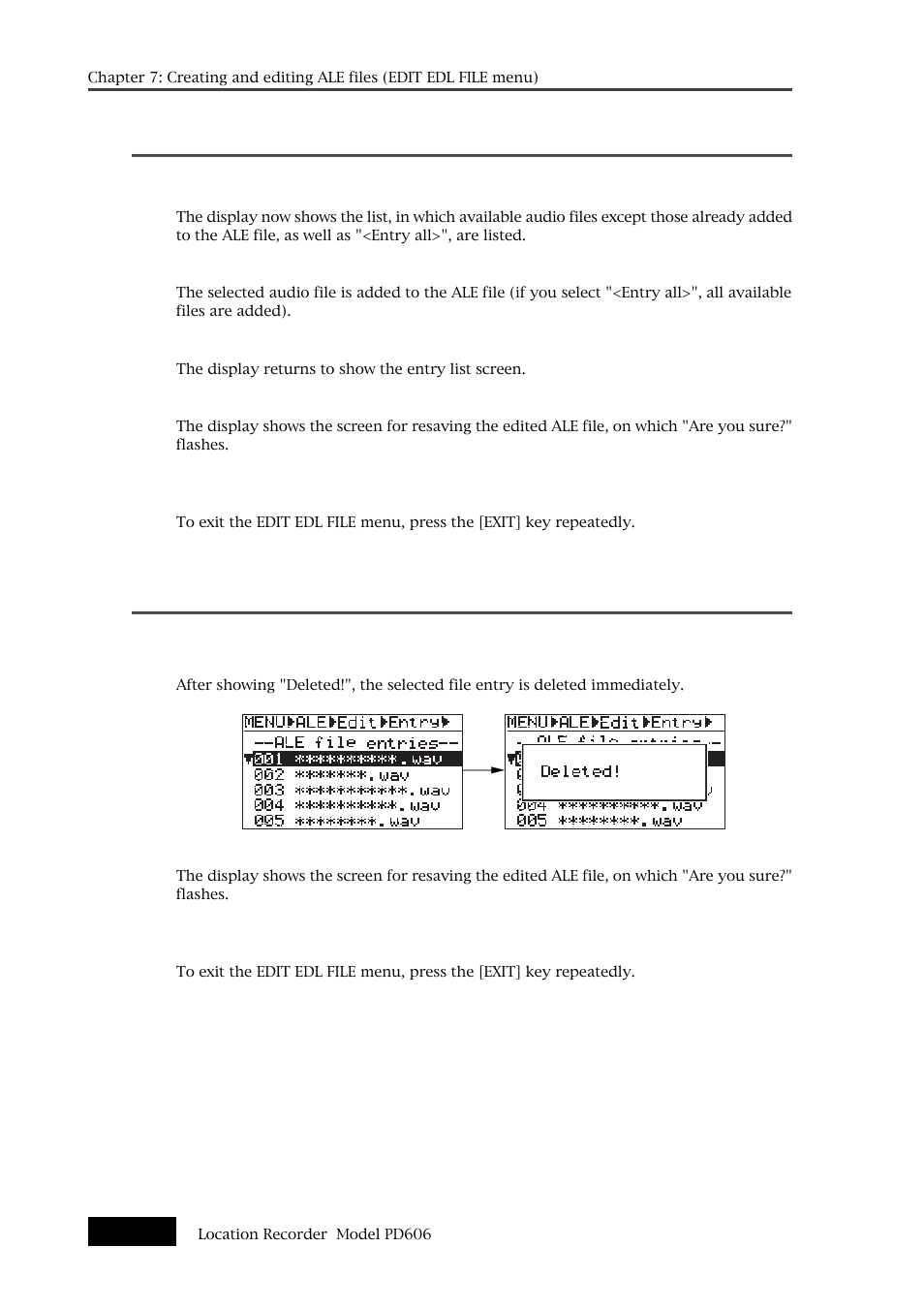 Adding an audio file entry to an existing ale file, Deleting an audio file entry | Fostex PD606 User Manual | Page 130 / 226