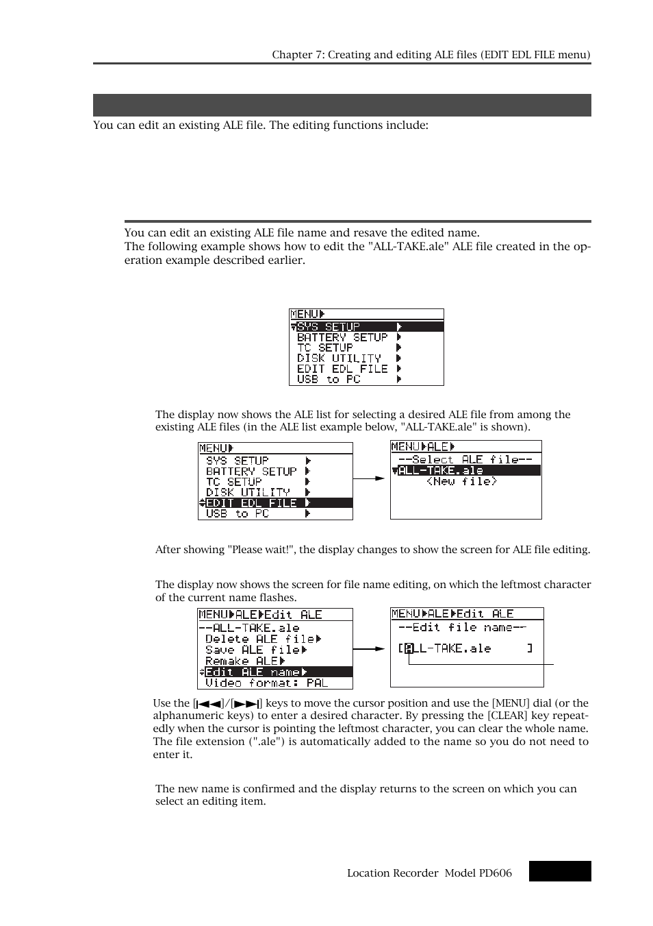 Editing an ale file, Editing an ale file name | Fostex PD606 User Manual | Page 131 / 226