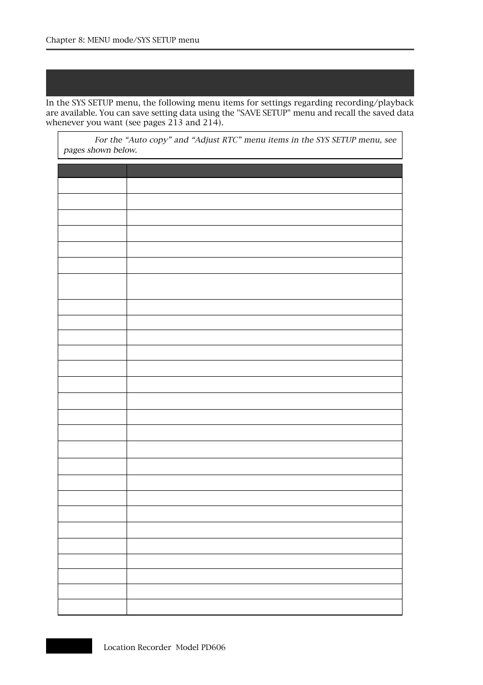 Sys setup menu | Fostex PD606 User Manual | Page 138 / 226
