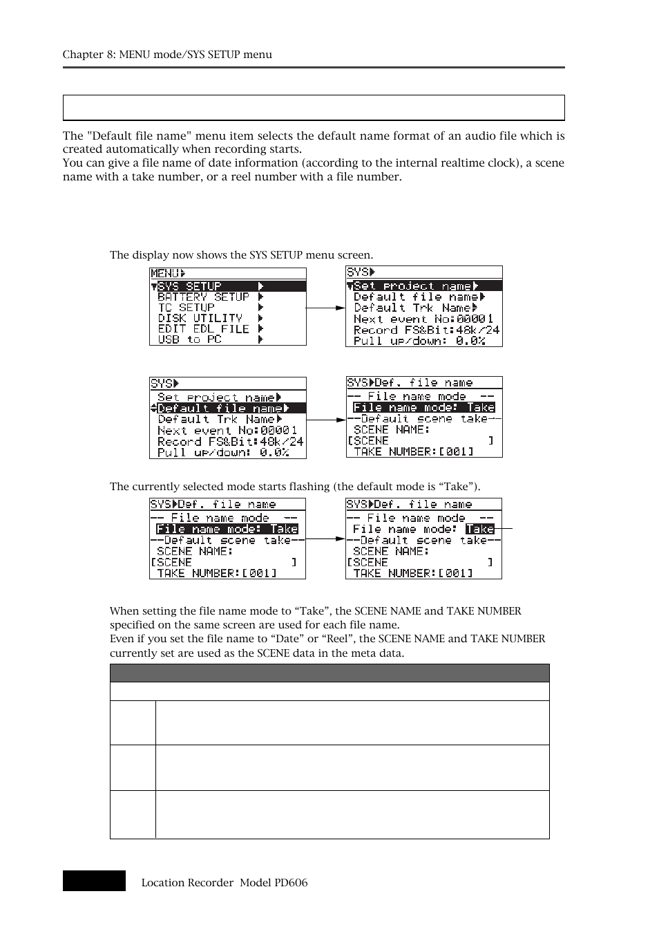 Default file name setting [default file name | Fostex PD606 User Manual | Page 140 / 226