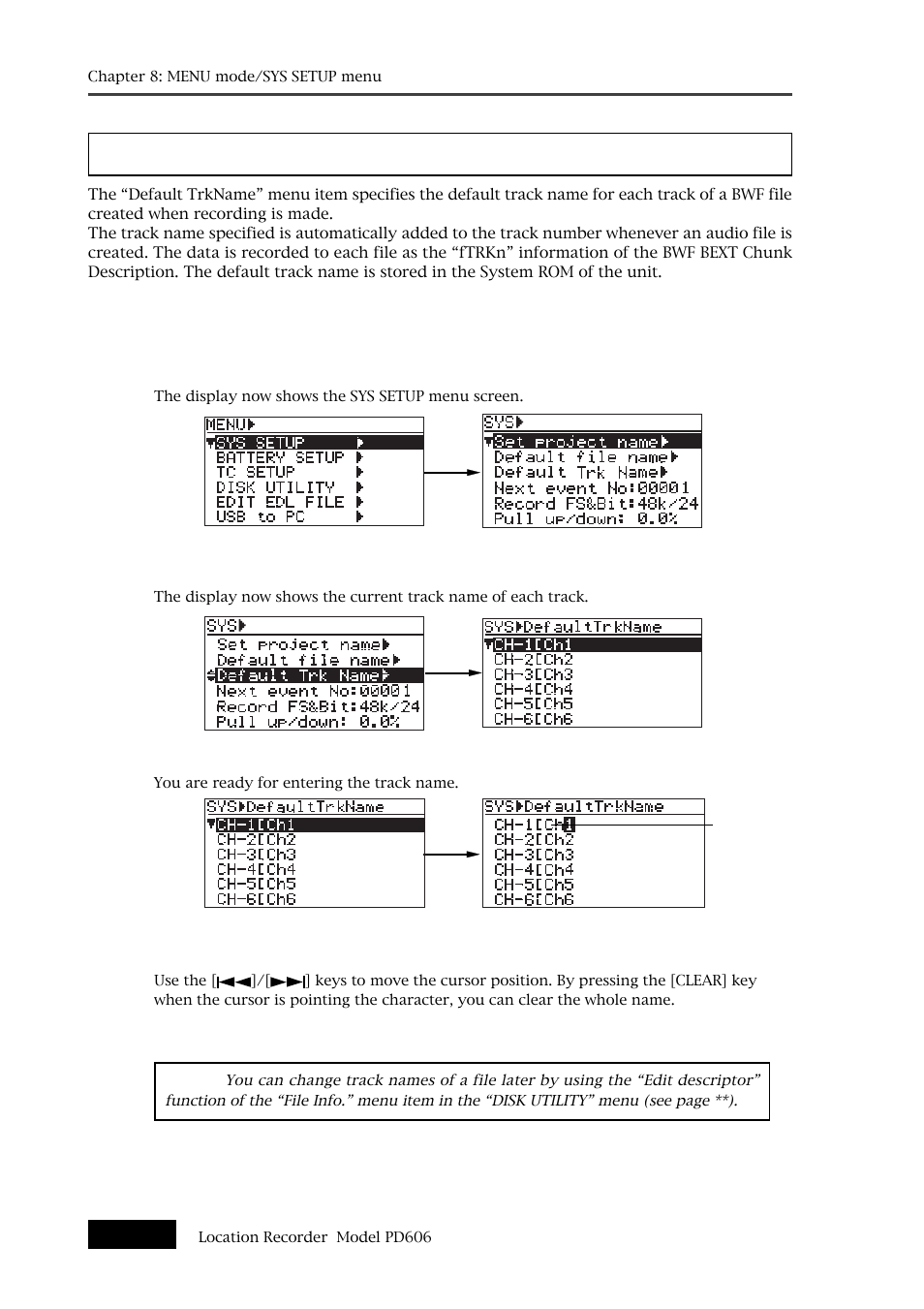 Default track name setting [default trkname | Fostex PD606 User Manual | Page 142 / 226