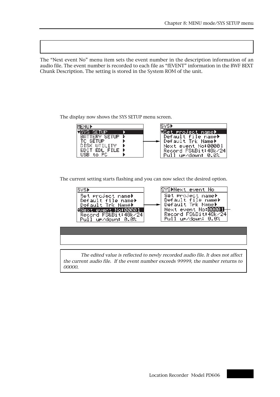 Next event number setting [next event no | Fostex PD606 User Manual | Page 143 / 226