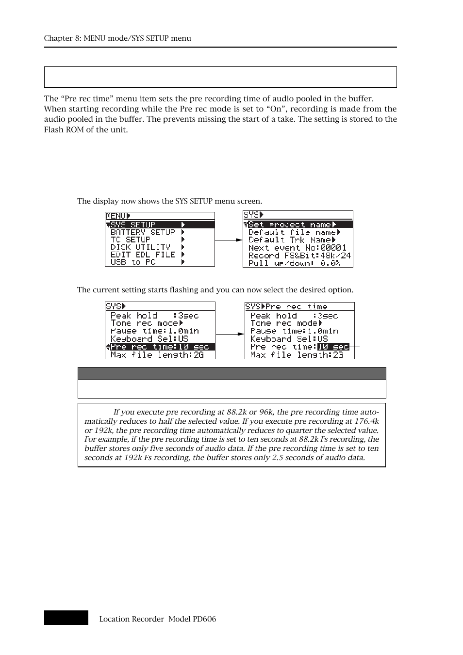 Pre recording time setting [pre rec time | Fostex PD606 User Manual | Page 154 / 226