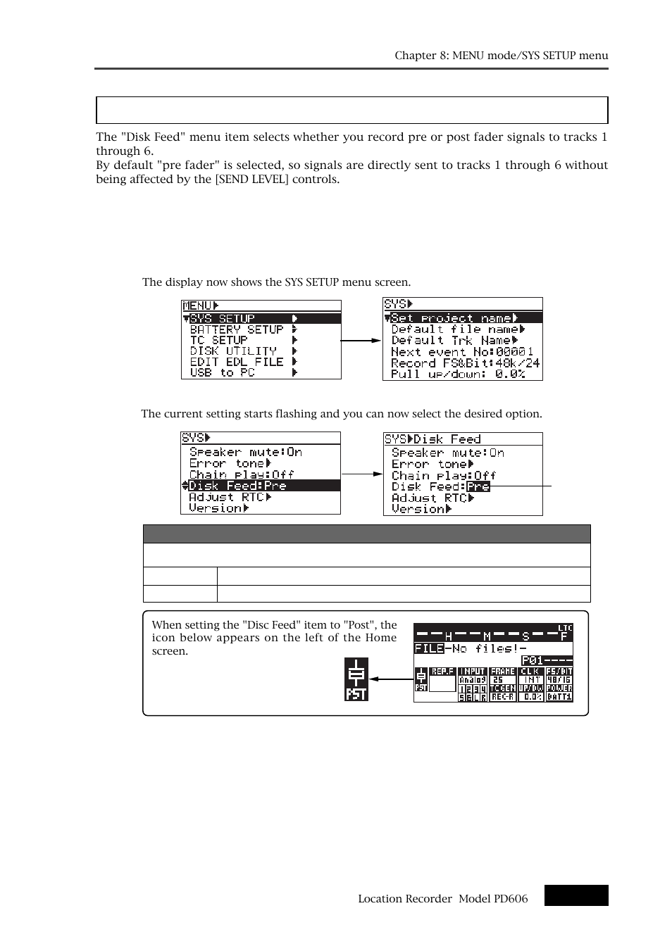 Pre/post fader selection [disk feed | Fostex PD606 User Manual | Page 169 / 226