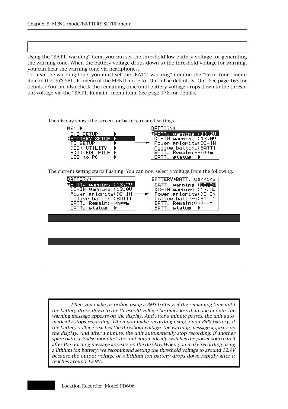 Battery low voltage warning setting [batt. warning | Fostex PD606 User Manual | Page 172 / 226