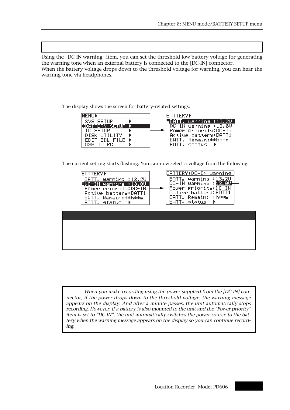 Dc-in low voltage warning setting [dc-in warning | Fostex PD606 User Manual | Page 173 / 226
