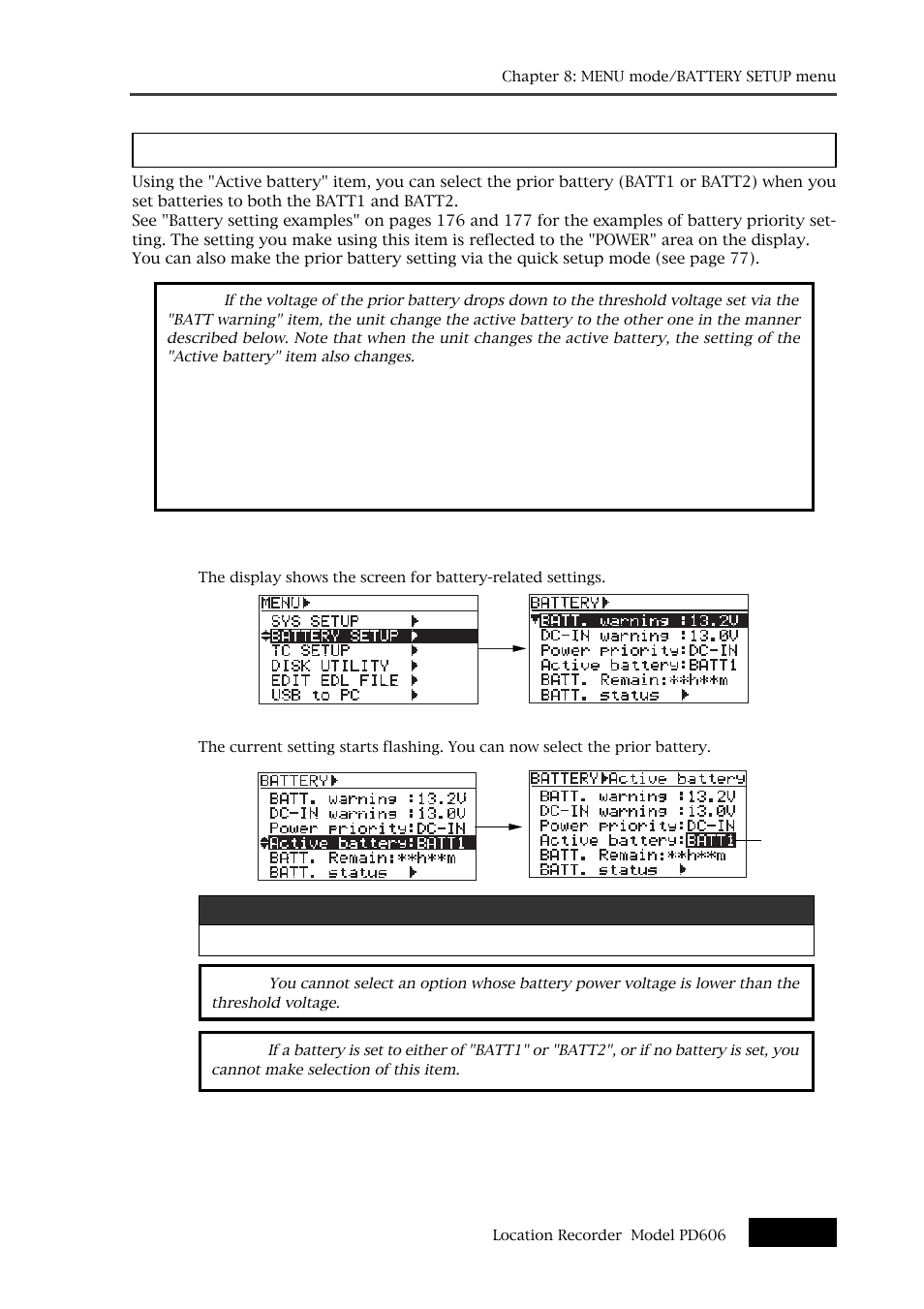 Battery priority setting [active battery | Fostex PD606 User Manual | Page 175 / 226