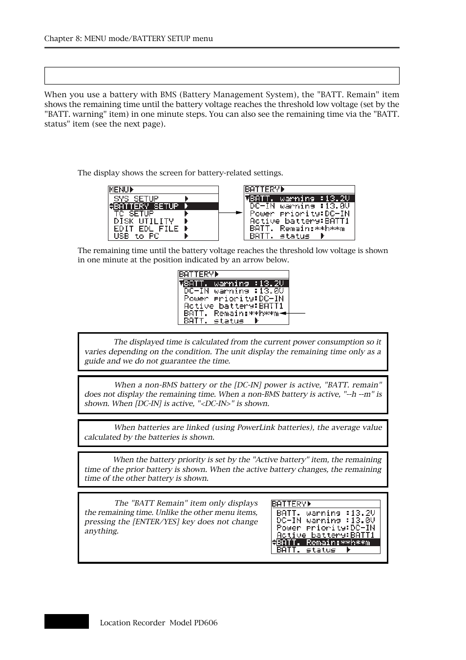 Battery remaining time [batt. remain | Fostex PD606 User Manual | Page 178 / 226