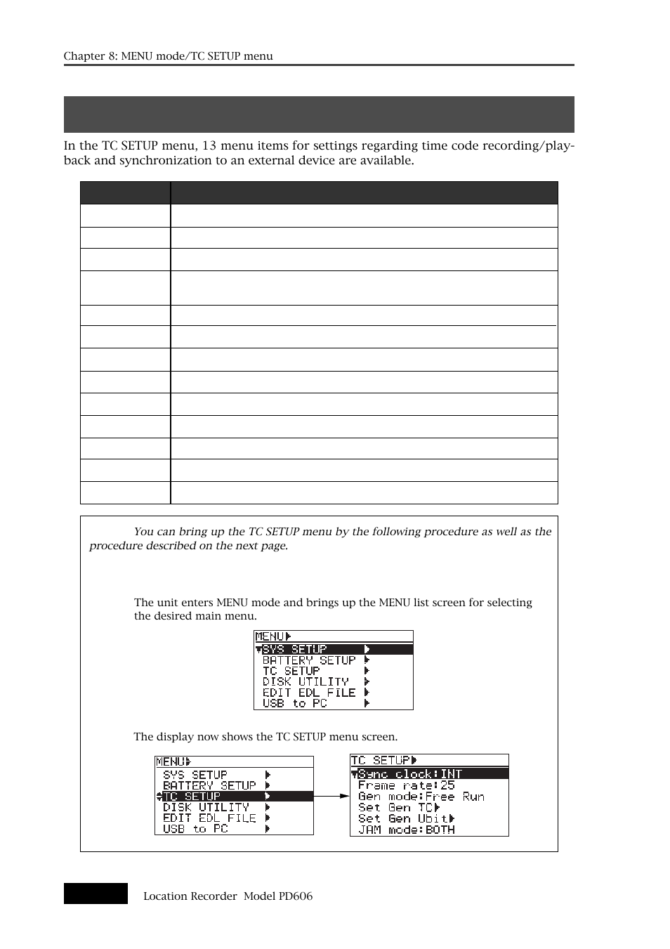 Tc setup menu | Fostex PD606 User Manual | Page 180 / 226