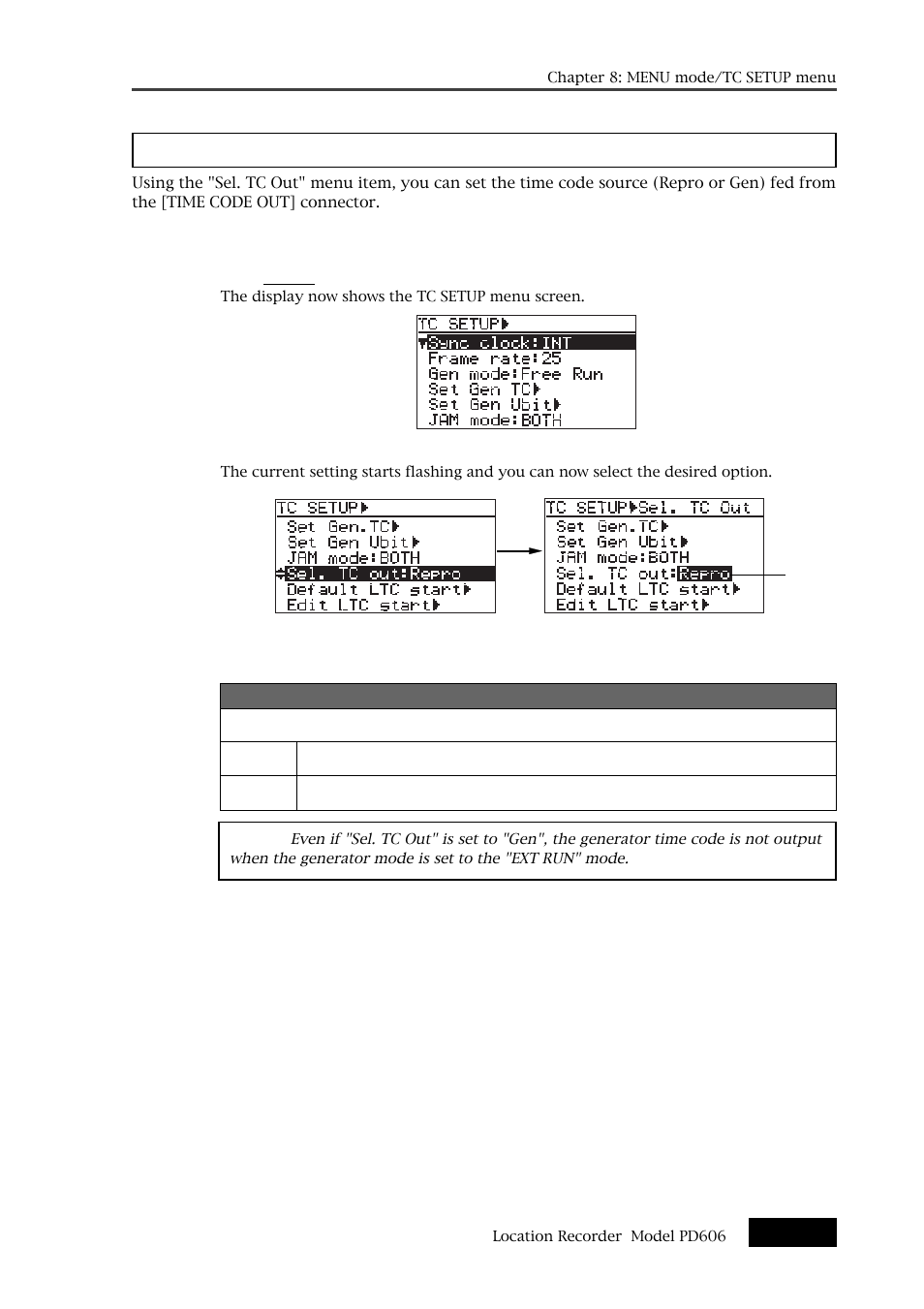 Time code output source selection [sel. tc out | Fostex PD606 User Manual | Page 189 / 226