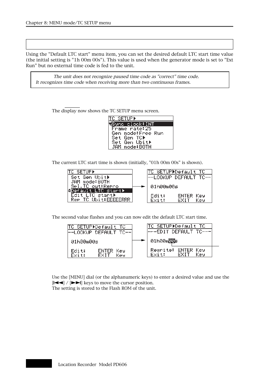 Default ltc start time setting [default ltc start | Fostex PD606 User Manual | Page 190 / 226