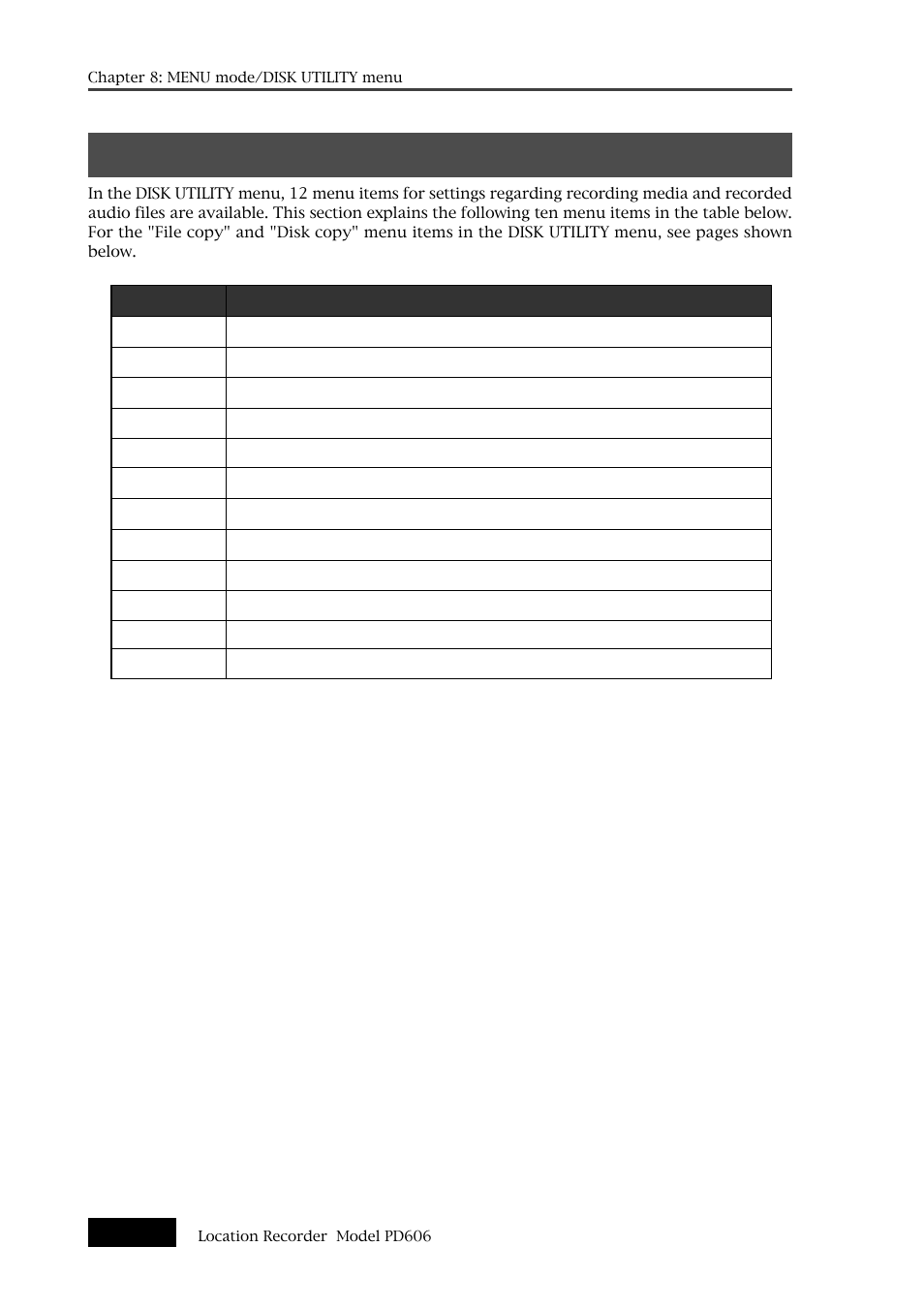 Disk utility menu | Fostex PD606 User Manual | Page 196 / 226