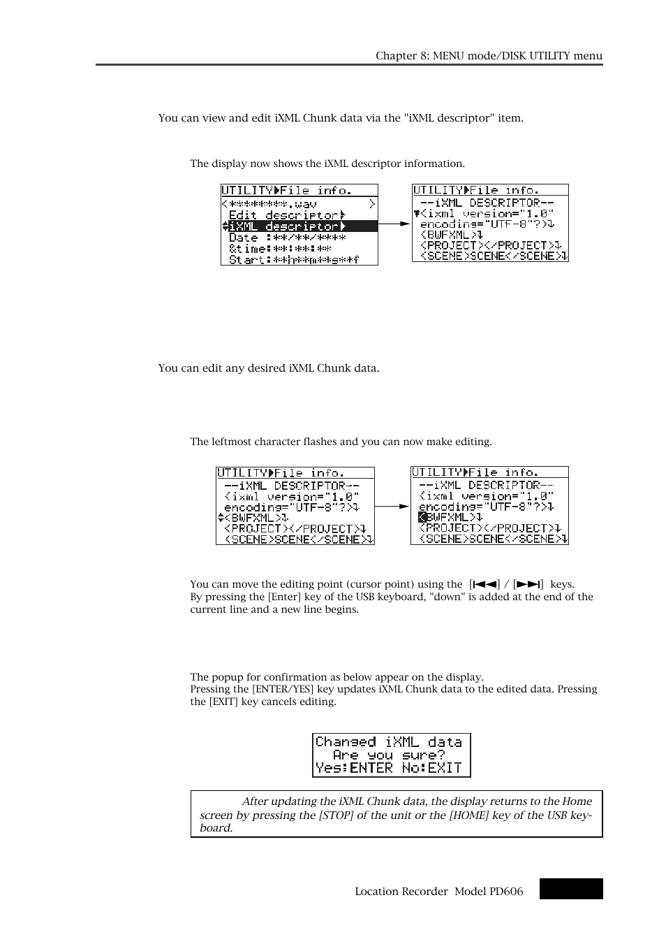 Viewing ixml chunk data information, Editing ixml chunk data information | Fostex PD606 User Manual | Page 201 / 226