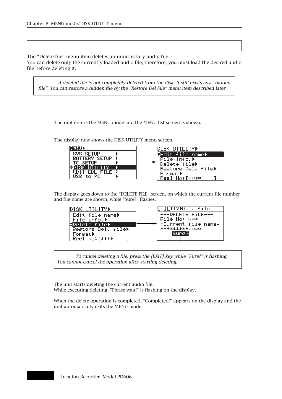 Deleting an unnecessary audio file [delete file | Fostex PD606 User Manual | Page 202 / 226